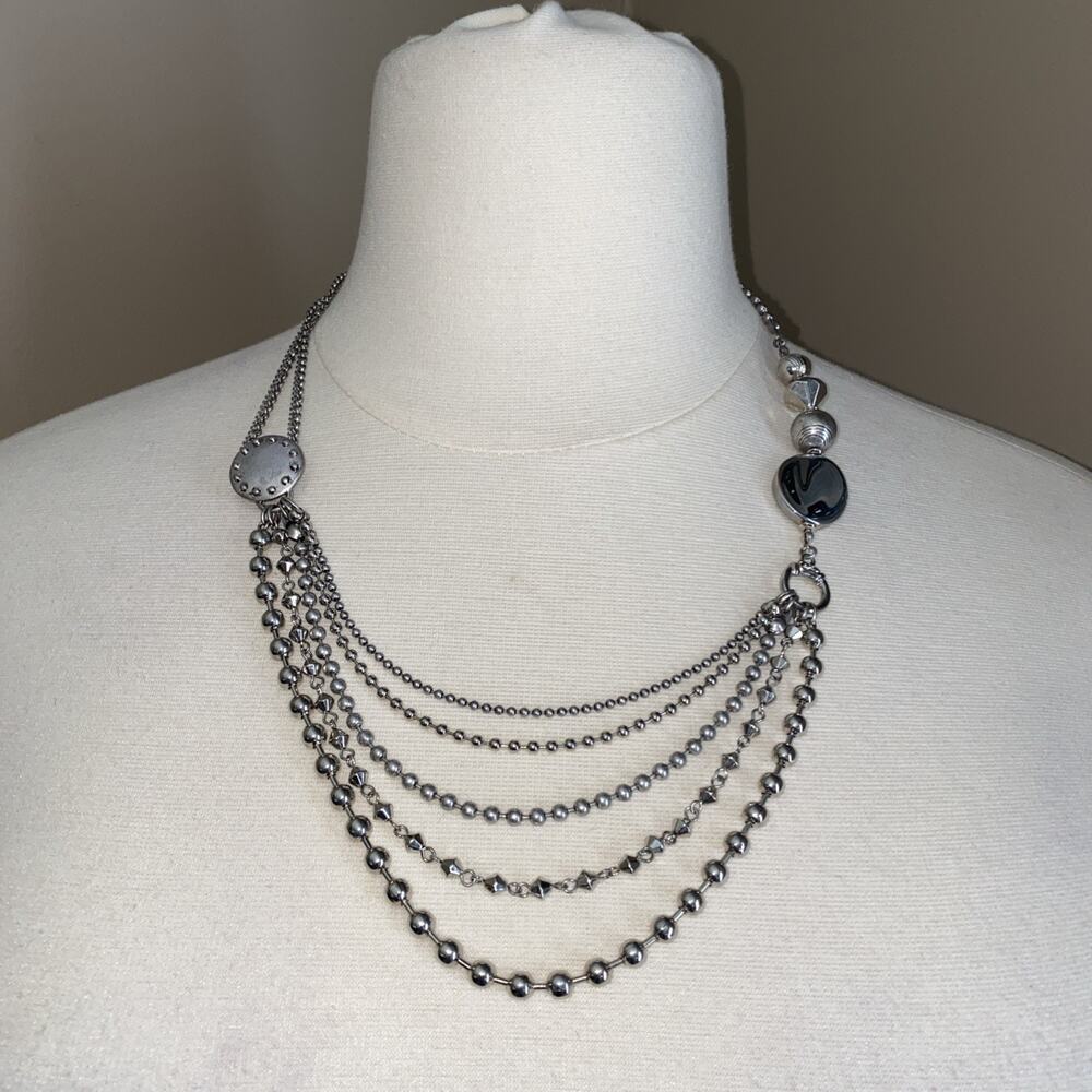 Chico's Silver Tone Beaded Pendant 5 Layer Statement Fashion Necklace 22”